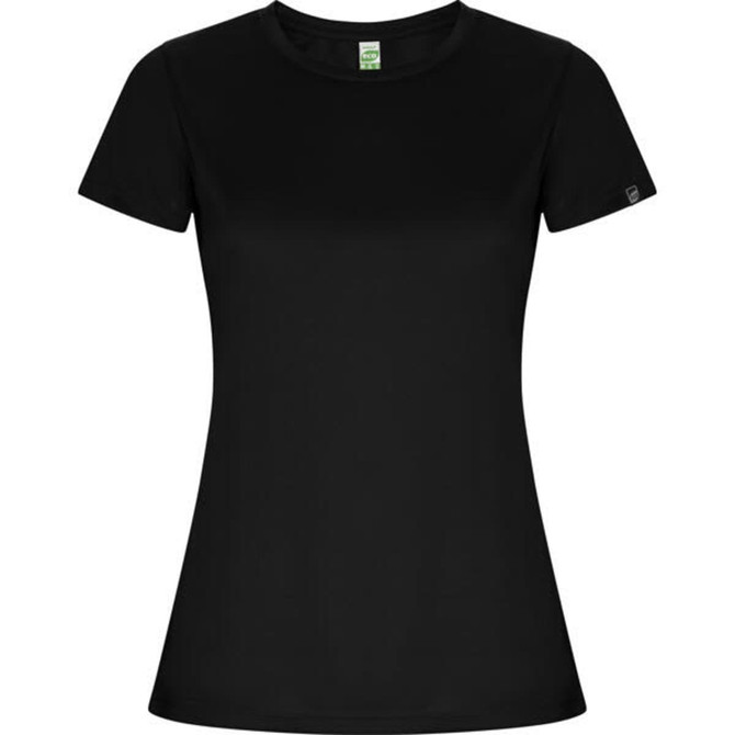 A black women's T-shirt with short sleeves, featuring a logo on the sleeve.