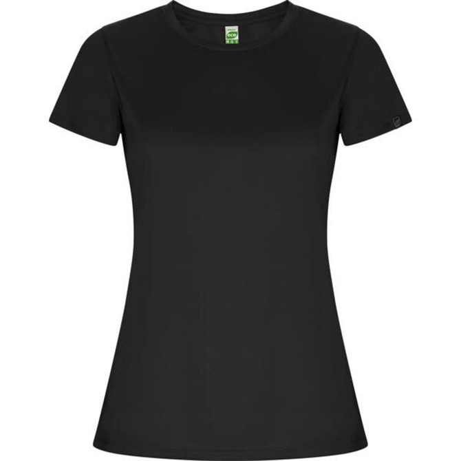 A black women's T-shirt with short sleeves and a fitted silhouette, featuring a branding logo.