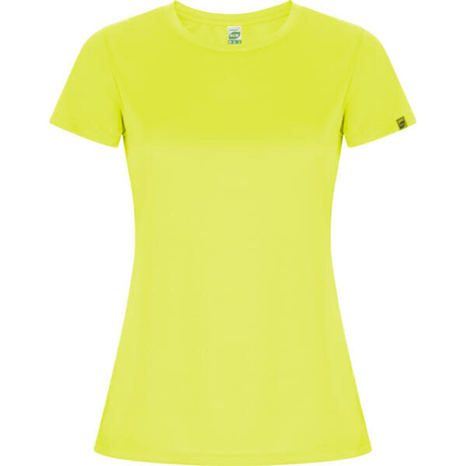 A women's T-shirt in bright lime green, featuring short sleeves and a fitted style. It has a logo on one side.