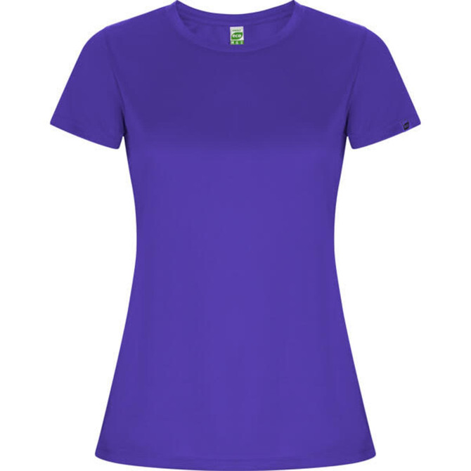 A purple women's t-shirt with short sleeves, featuring a subtle logo on the sleeve.