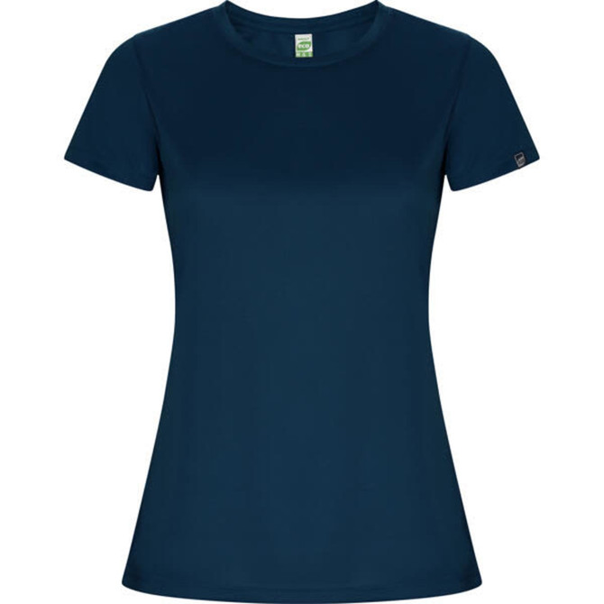 A navy blue women's t-shirt featuring a fitted style and a small logo tag on the sleeve.