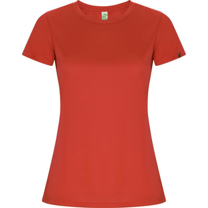 A red women's T-shirt with short sleeves and a fitted design. Features a logo on the sleeve.