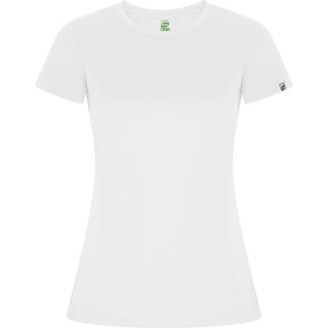 A white women's t-shirt featuring a fitted silhouette and a small logo. Perfect for casual wear.