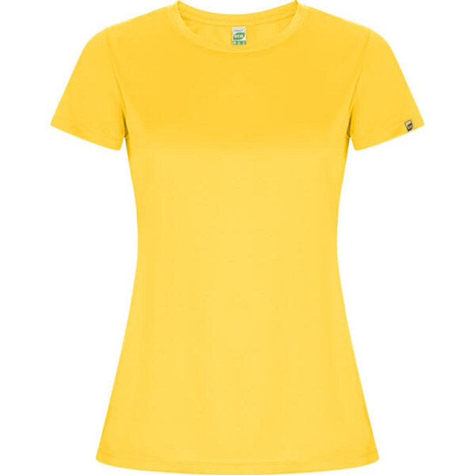 A yellow Imola women's T-shirt with a fitted design and short sleeves. It features a small logo on one sleeve.