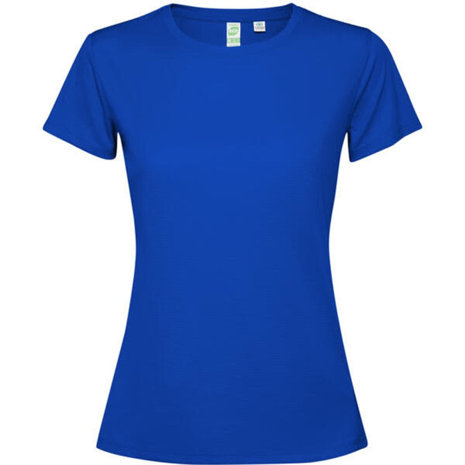 A blue women's T-shirt with a round neck and short sleeves, featuring a logo on the label.