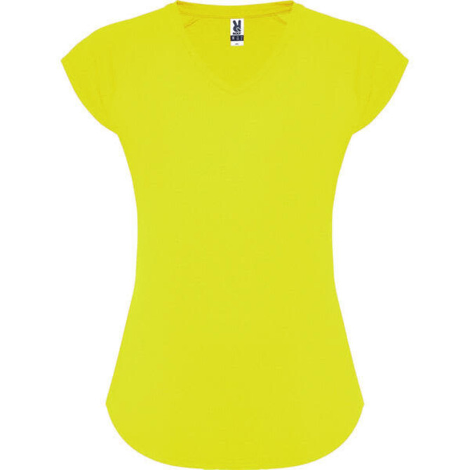A yellow Avus T-Shirt with a V-neck and cap sleeves, featuring a logo.