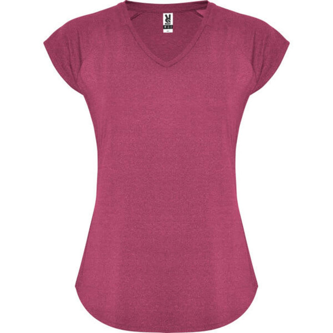 A magenta Avus T-Shirt featuring a V-neck design and capped sleeves, with a logo on the label.