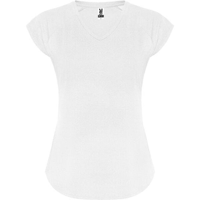 A white V-neck t-shirt with cap sleeves and a branded label on the neckline.