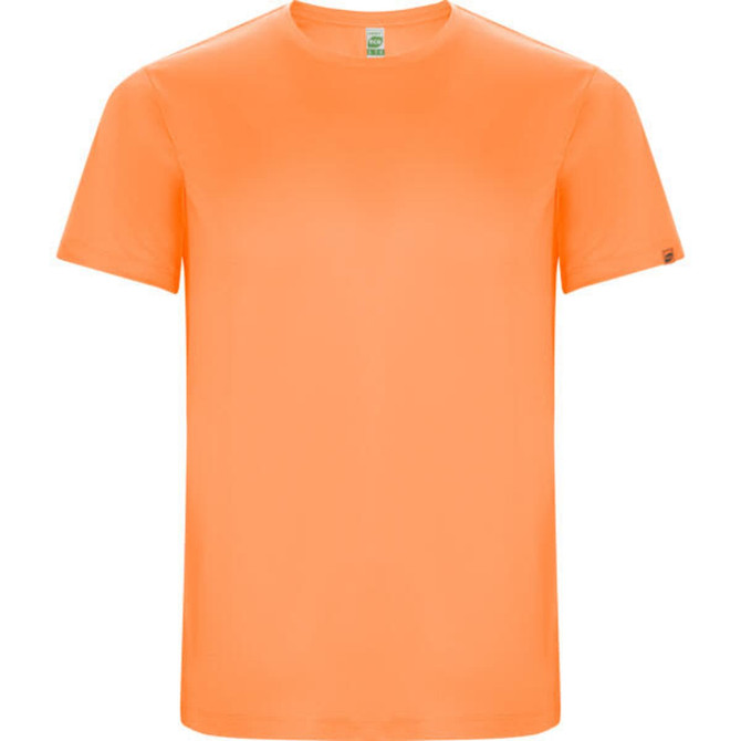 An orange Imola T-Shirt with a short sleeve design and a logo on the side.