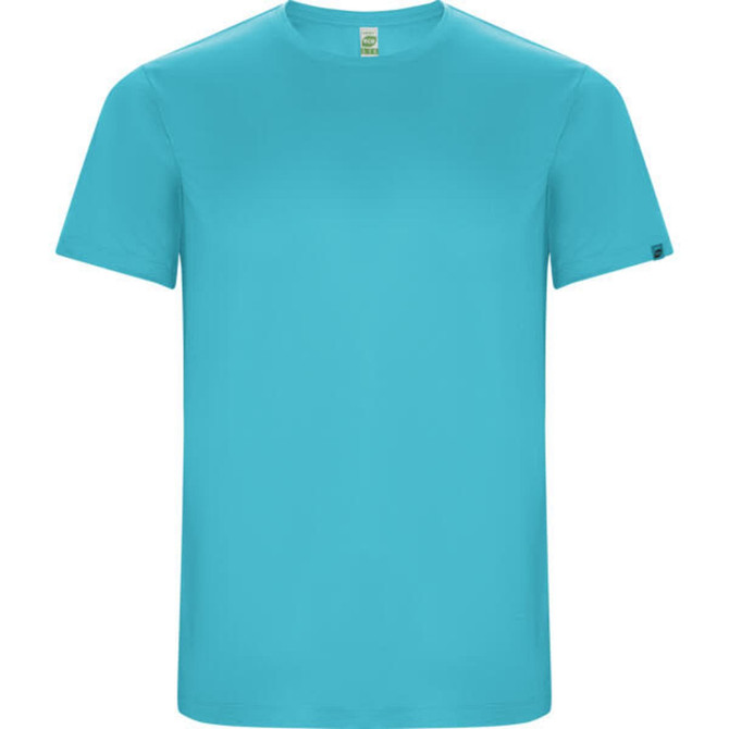 A solid turquoise T-shirt featuring short sleeves and a round neckline. The shirt has a small logo on the side.