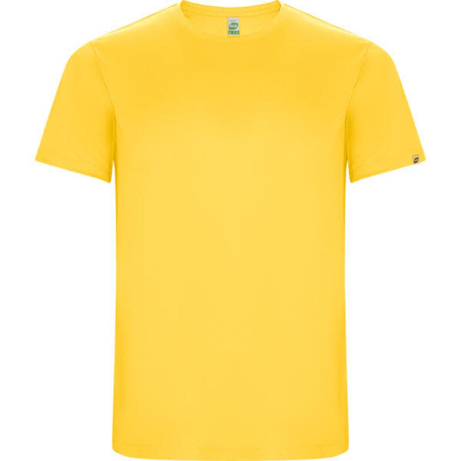 A yellow Imola T-shirt with a round neckline and short sleeves, featuring a small logo on the sleeve.