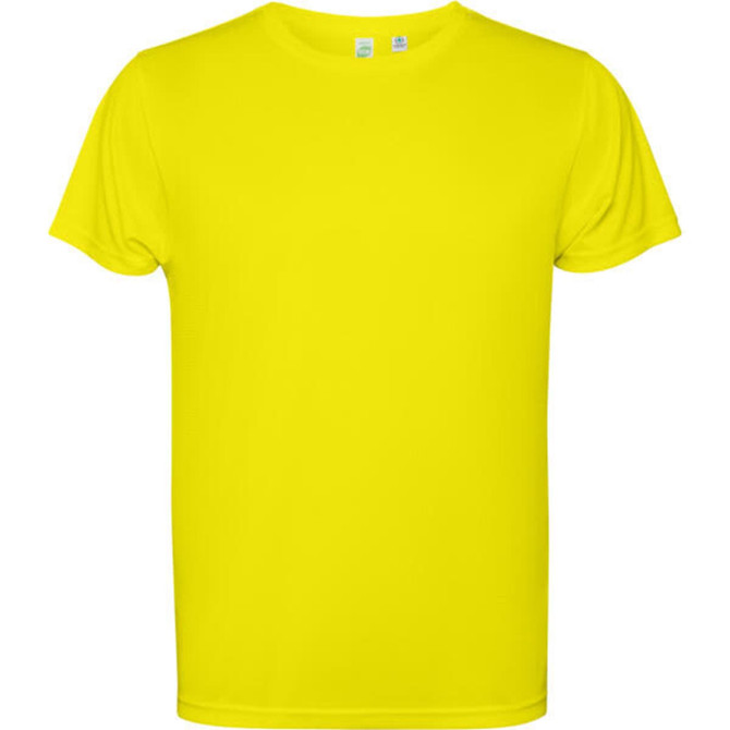 A bright yellow Estoril T-shirt with a simple design and a logo on the front.
