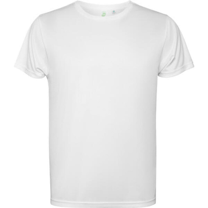 A plain white T-shirt with a simple design, featuring short sleeves and a crew neck. Includes a logo.