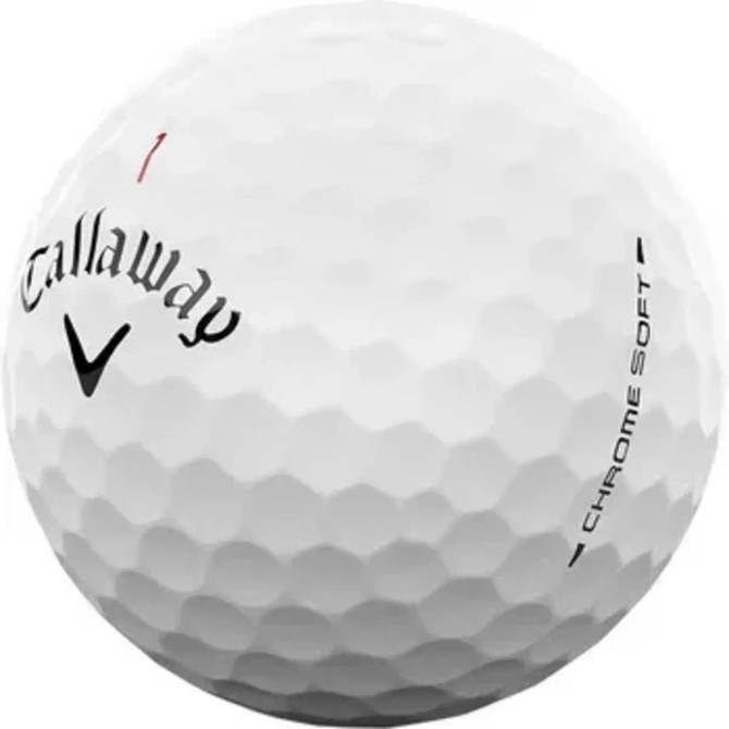 A white golf ball featuring a logo and text, designed as part of the Callaway Chrome Soft golf balls.