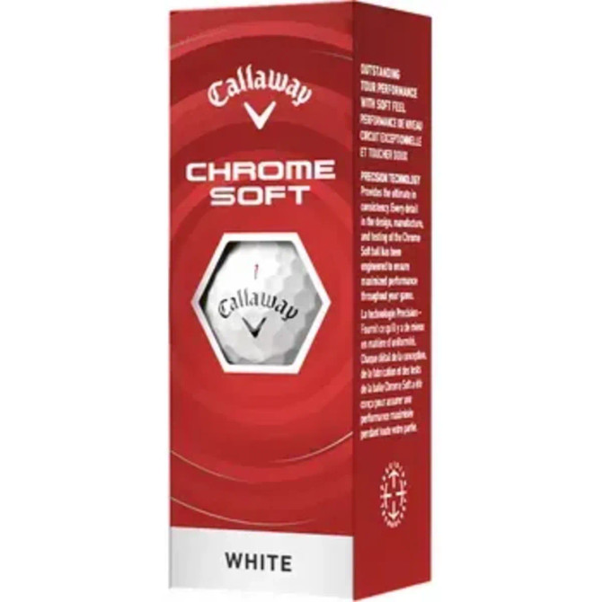 Three white Callaway Chrome Soft golf balls packaged in a red box with branding.
