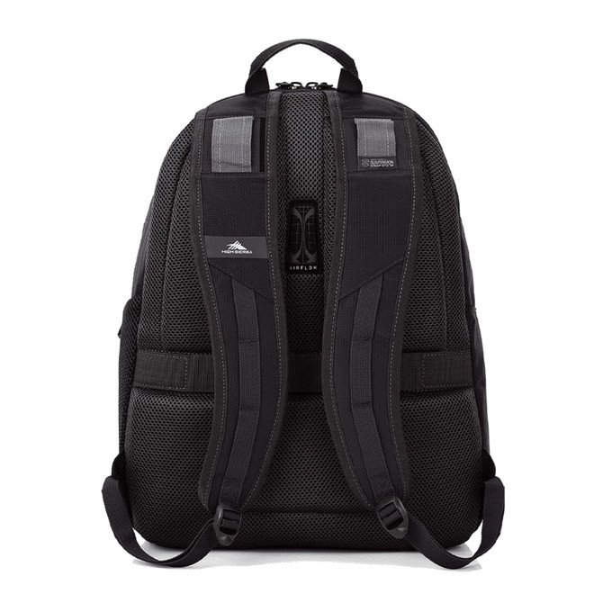 A black backpack with padded, adjustable straps and mesh detailing. It features a logo on the front.