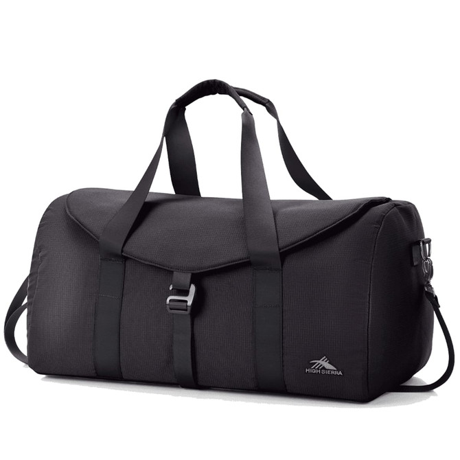 A black duffel bag with adjustable straps, a flap closure, and a logo on the side.