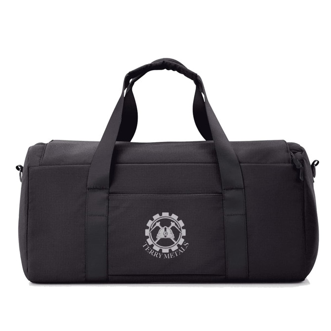 A black duffel bag with straps and a logo on the front, featuring a zippered compartment.