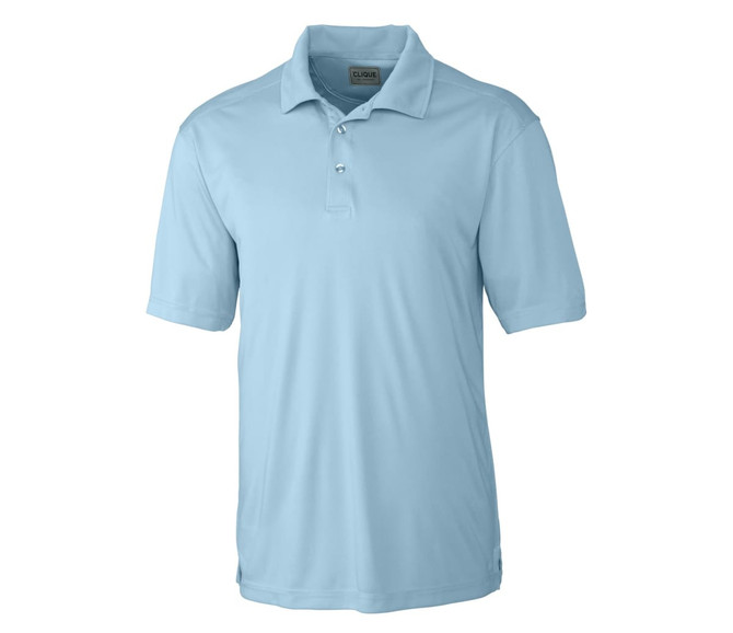 A light blue men's polo shirt with a collar and short sleeves, featuring a branding logo.