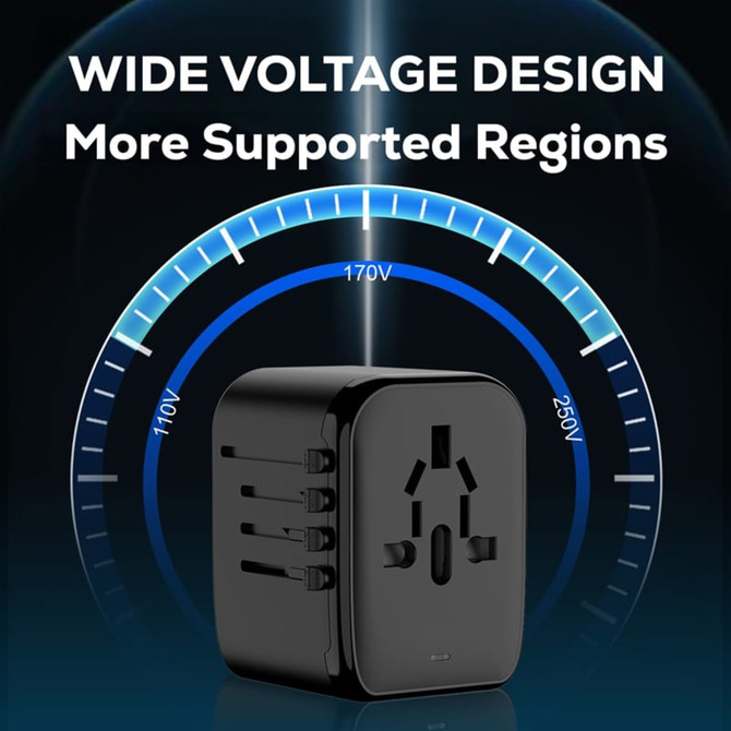 A black travel adaptor with multiple sockets and a voltage design feature. Includes a logo.