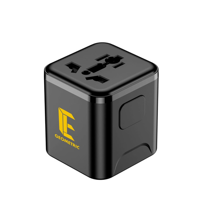A black mini universal travel adapter featuring multiple socket types and a logo. Compact and portable design.