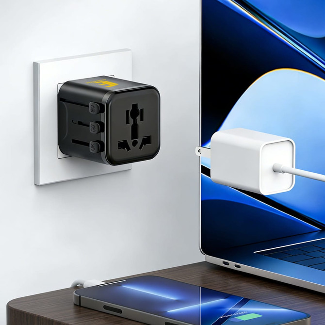A black mini universal travel adapter plugged into a wall socket, next to a laptop and phone charging cable.