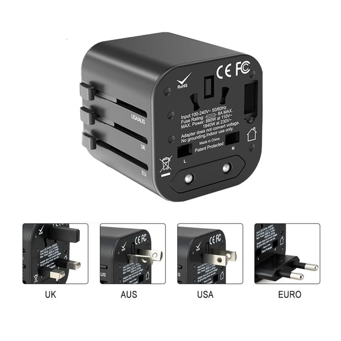 A black travel adapter featuring multiple plug options: UK, AUS, USA, and Euro. Includes a logo on the side.