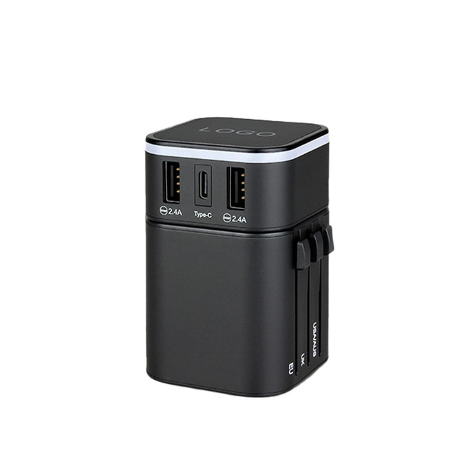 A black travel adapter with multiple ports, including USB and Type-C connections, featuring a logo.