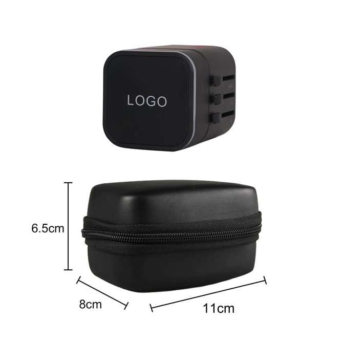A black travel adapter with multiple prongs and a matching black storage case, featuring a logo.