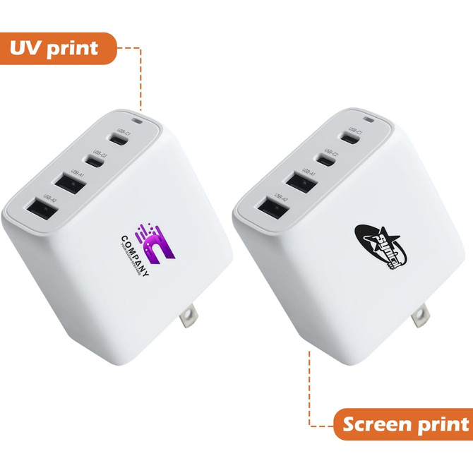 A universal travel adapter in white with four USB ports, featuring two branding logos.