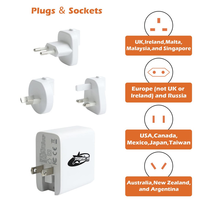 A travel adapter featuring four universal plug types, predominantly in white, with a logo on the side.