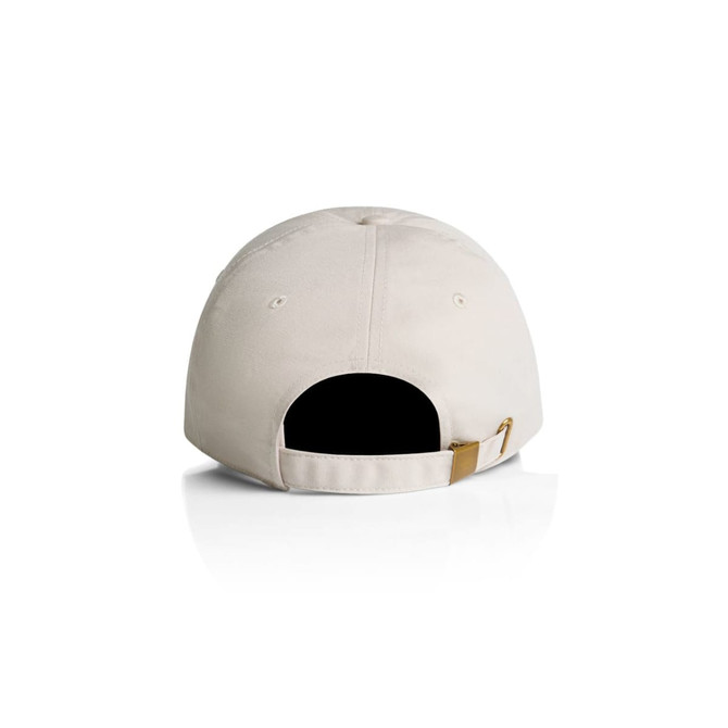 A beige cap with a closed back and a strap adjustment, featuring a logo on the side.