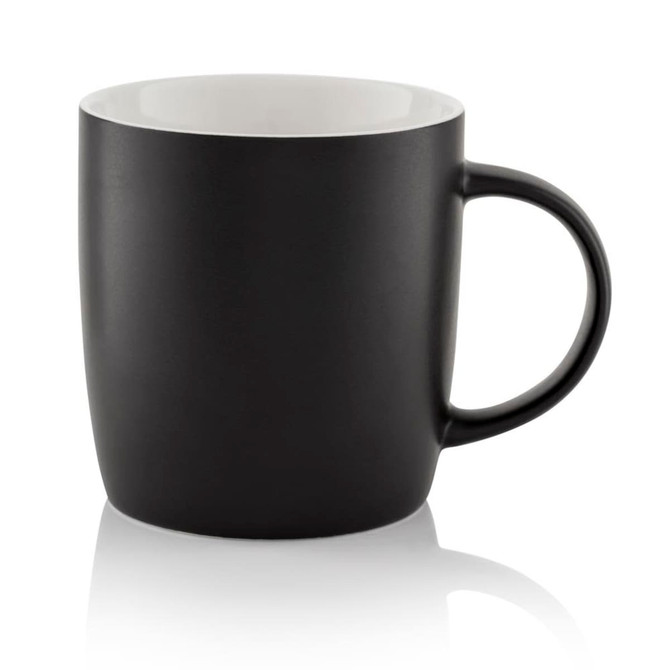 A mug in matte black with a white interior and a curved handle. It features a logo on one side.