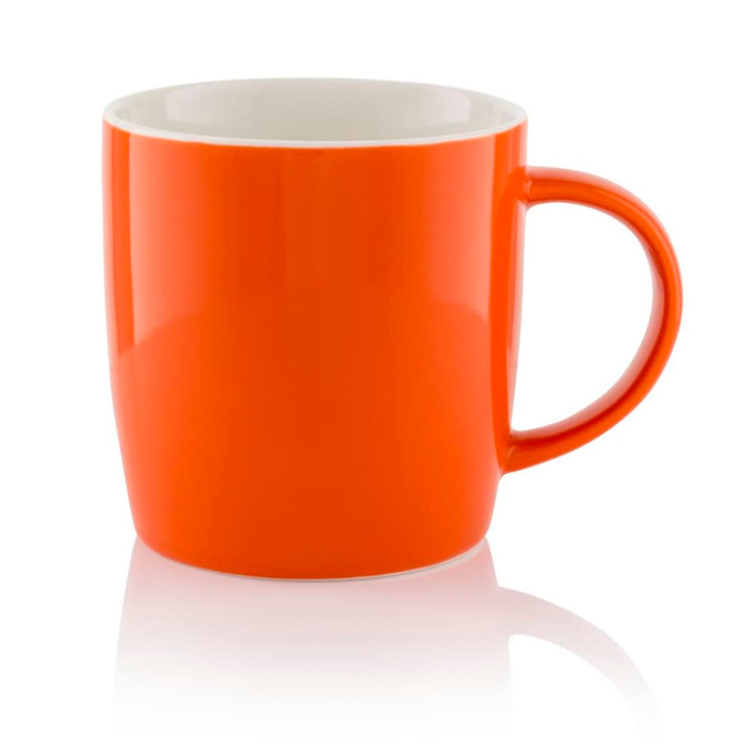 An orange barrel mug with a white interior and a curved handle, featuring a glossy finish.