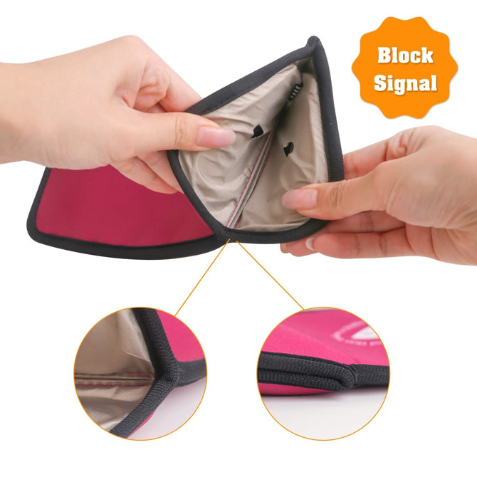 A lockable phone pouch with a pink exterior and beige interior, featuring hand openings and a logo.