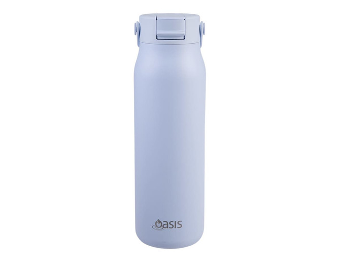 A drink bottle in light blue with a secure lid and a logo on the front.