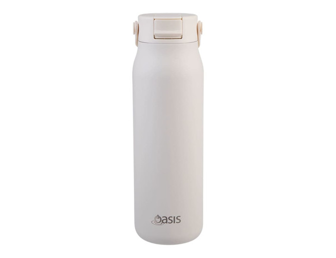 A drink bottle in a soft cream colour with a secure lid and a logo on the side.