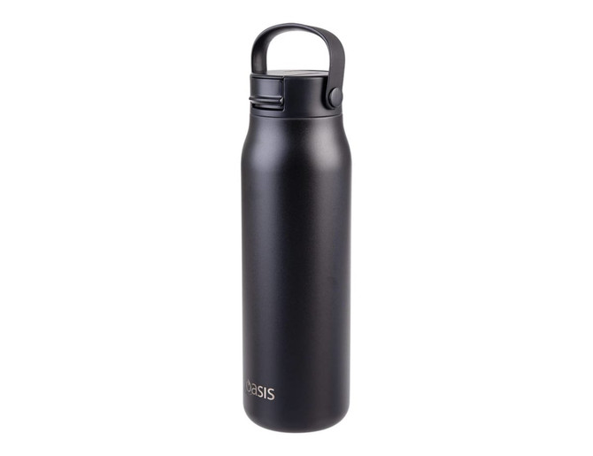 A drink bottle in matte black with a secure lid and a carry handle, featuring a logo on the side.