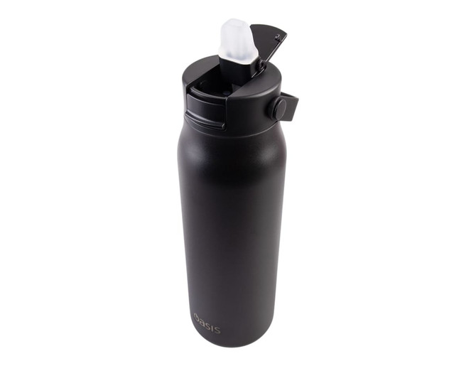 A drink bottle in matte black finish with a flip-top lid and a logo. It features a vacuum insulated design.