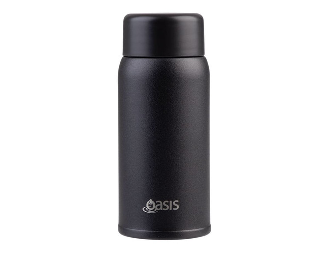 A drink bottle in matte black, featuring a rounded design and a logo on the front.