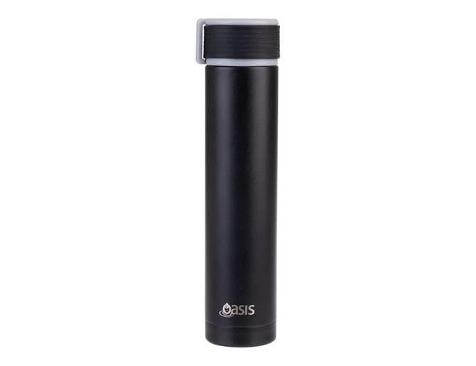A drink bottle in a sleek black finish with a grey cap and a small logo on the bottom.