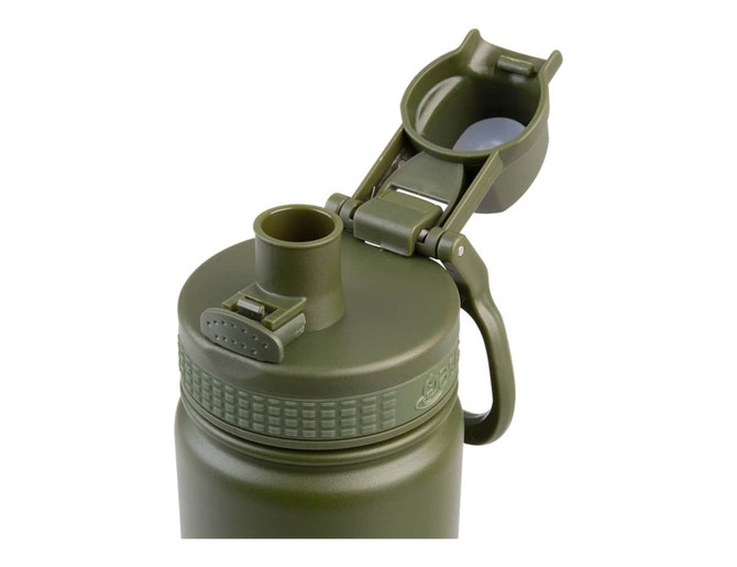 A drink bottle in olive green with a quick release cap and a built-in handle. Features a logo on the body.