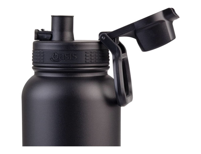 A drink bottle in matte black with a quick release cap and a handle, featuring a logo on the side.