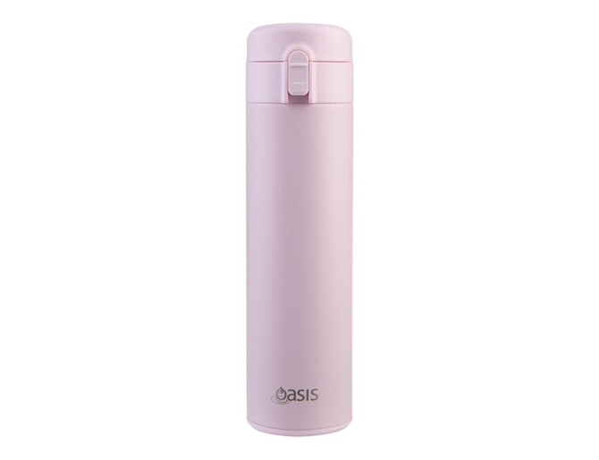 A drink bottle with a flip-top lid, featuring a smooth pink exterior and a logo on the front.
