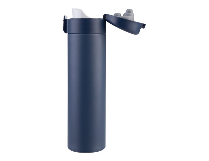 A drink bottle in navy blue with an insulated design and a flip-top lid, featuring a logo.