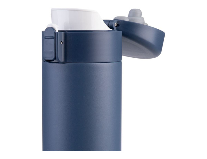 A drink bottle in navy blue with a flip-top lid and a closure mechanism, featuring a logo.