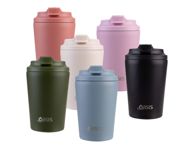 A drink bottle collection featuring six insulated coffee cups in pink, black, white, blue, green, and terracotta, each with a lid and branding.