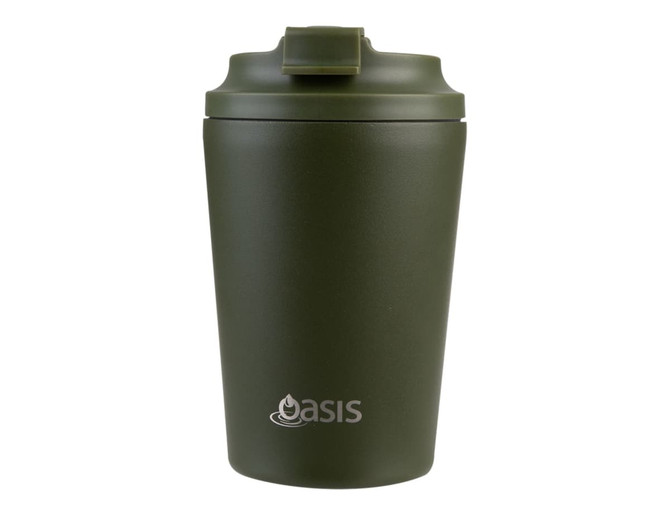 An insulated coffee cup in olive green with a lid, featuring a branding logo on the front.