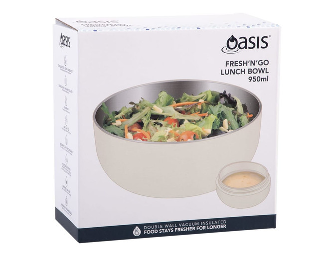 A large, insulated lunch bowl in pale cream with a grey lid, featuring a logo on the packaging.