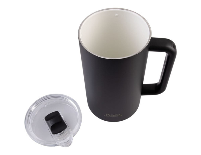 A drink bottle featuring a matte black exterior, a ceramic lined interior, and a clear lid with a handle.